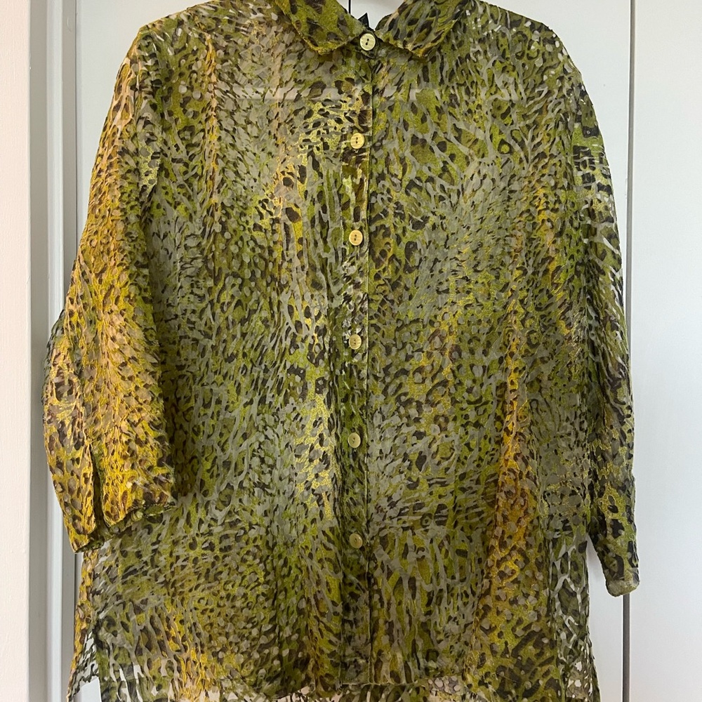 Sheer Green and Black Leopard Print Buttondown